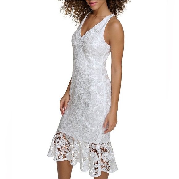 NEW SIENA Lace V-Neck Sleeveless Strappy Back Flounce Hem Mermaid Midi - Picture 1 of 7